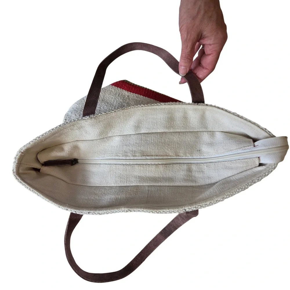Prüne Woven Southwestern Geometric Tote Bag Cream Red Leather Straps Large